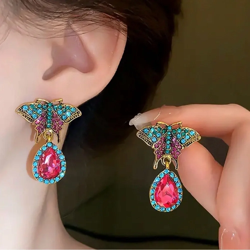 2/$30🌵 Vintage Style Butterfly Moth Teal Pink Rhinestone Earrings Ornate Gift
